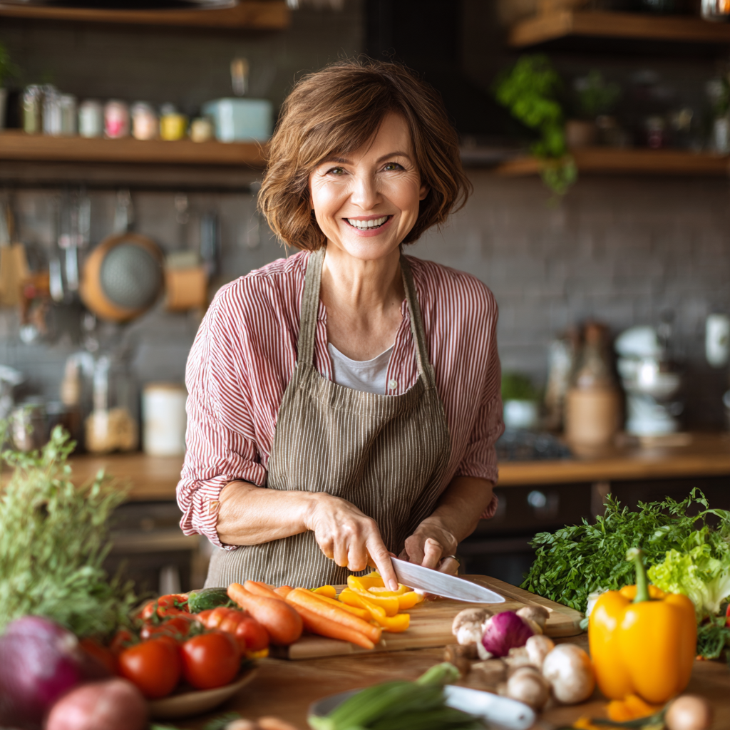 Middle-aged Ukrainian woman preparing a nutritious breakfast with fresh vegetables, whole grains and protein-rich foods in a bright modern kitchen, smiling with satisfaction